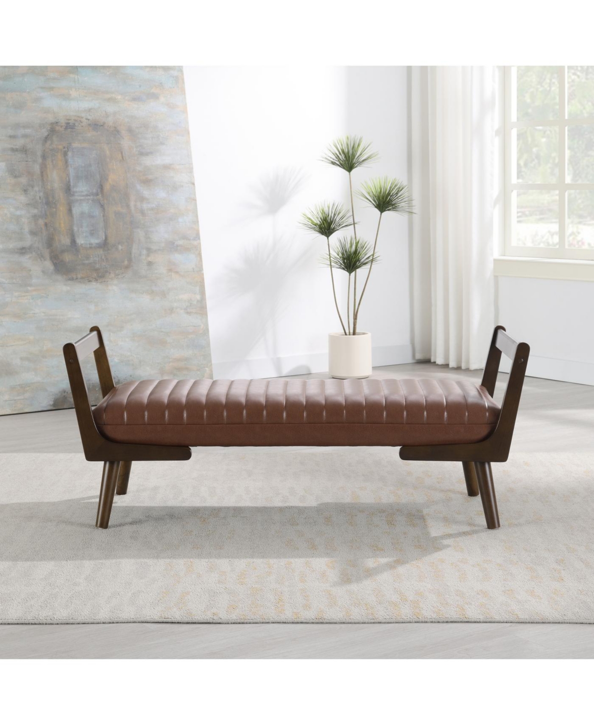 Streamdale 52" Mid Century Walnut Bench with Channeled Upholstered Footrest Stool