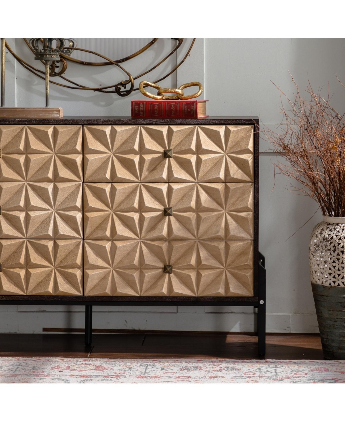 Streamdale Furniture Streamdale Solid Wood Sideboard with Geometric Pattern, 6 Drawers