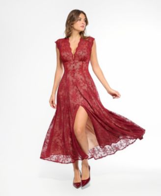 Women's Shapewear Boho Floral Lace Front Slit Maxi Dress