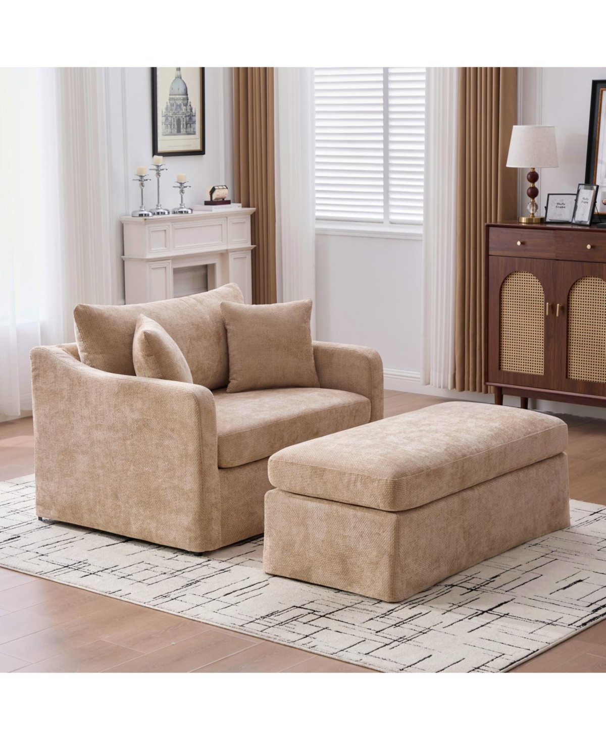 Streamdale Furniture Streamdale Modern Farmhouse Upholstered Accent Chair & Ottoman with Bolster Pillows, Wheat