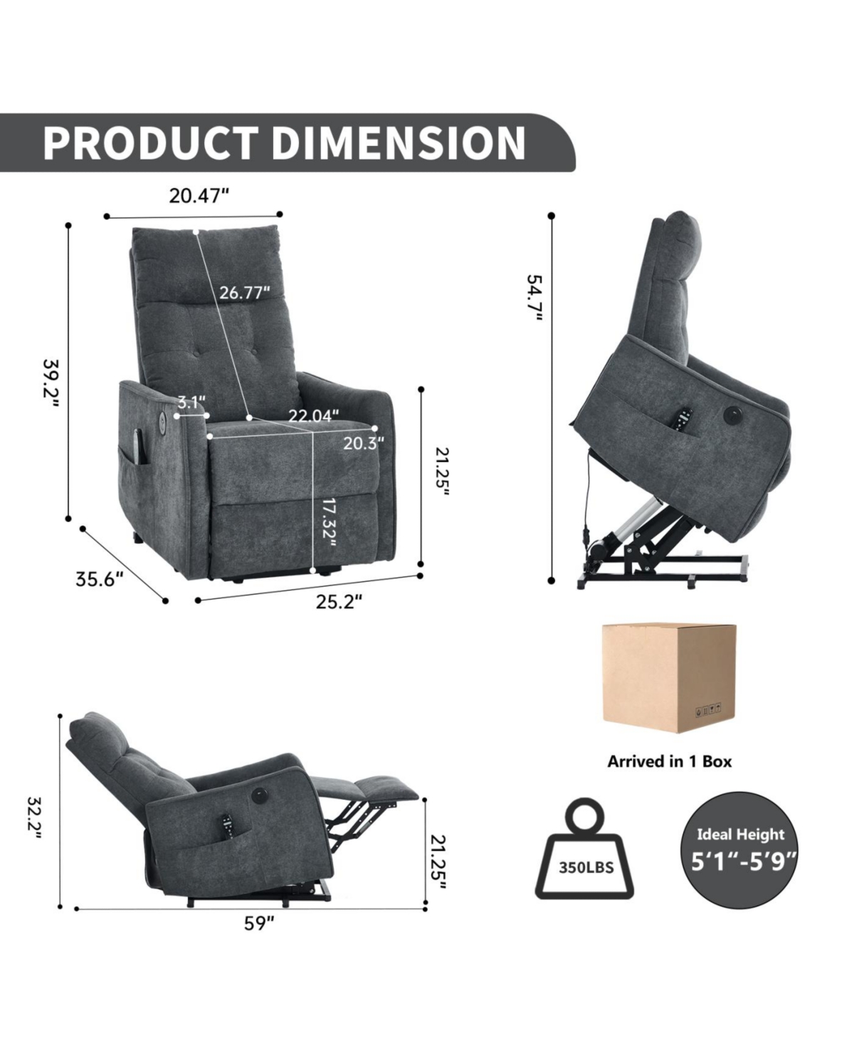 Streamdale Grey Chenille Single Motor Power Lift Recliner Chair with Massage & Heat