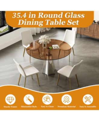 Streamdale 35" Round Dining Table Set w/ 4 White Chairs & Black Glass Top