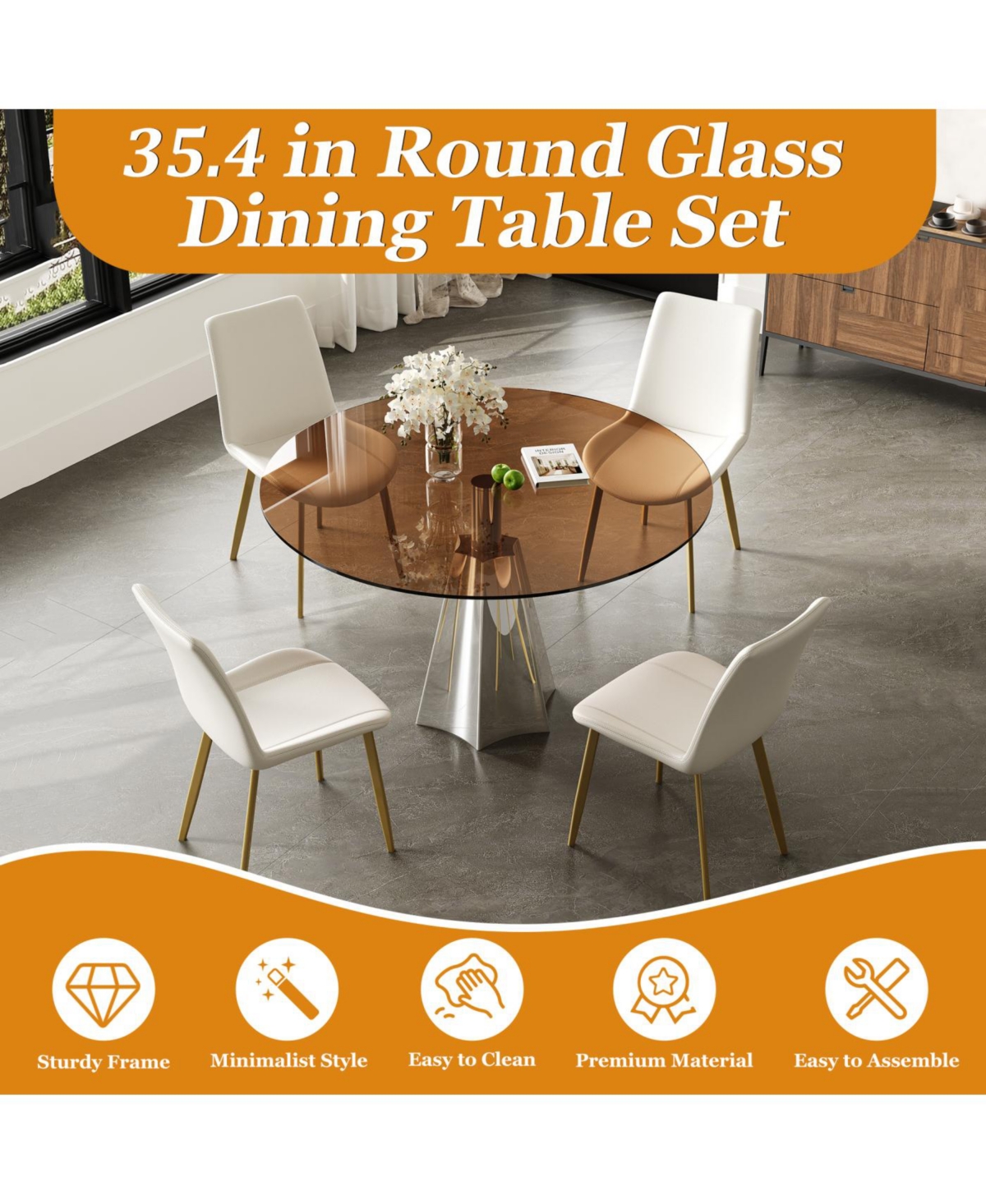 Streamdale 35" Round Dining Table Set w/ 4 White Chairs & Black Glass Top
