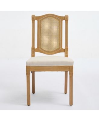 Solid Wood Rattan Back Dining Chair - Natural Linen Cushion