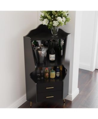 Streamdale Wooden Corner Bar Cabinet with Shelves and Drawers, Mirrored Back - BLACK