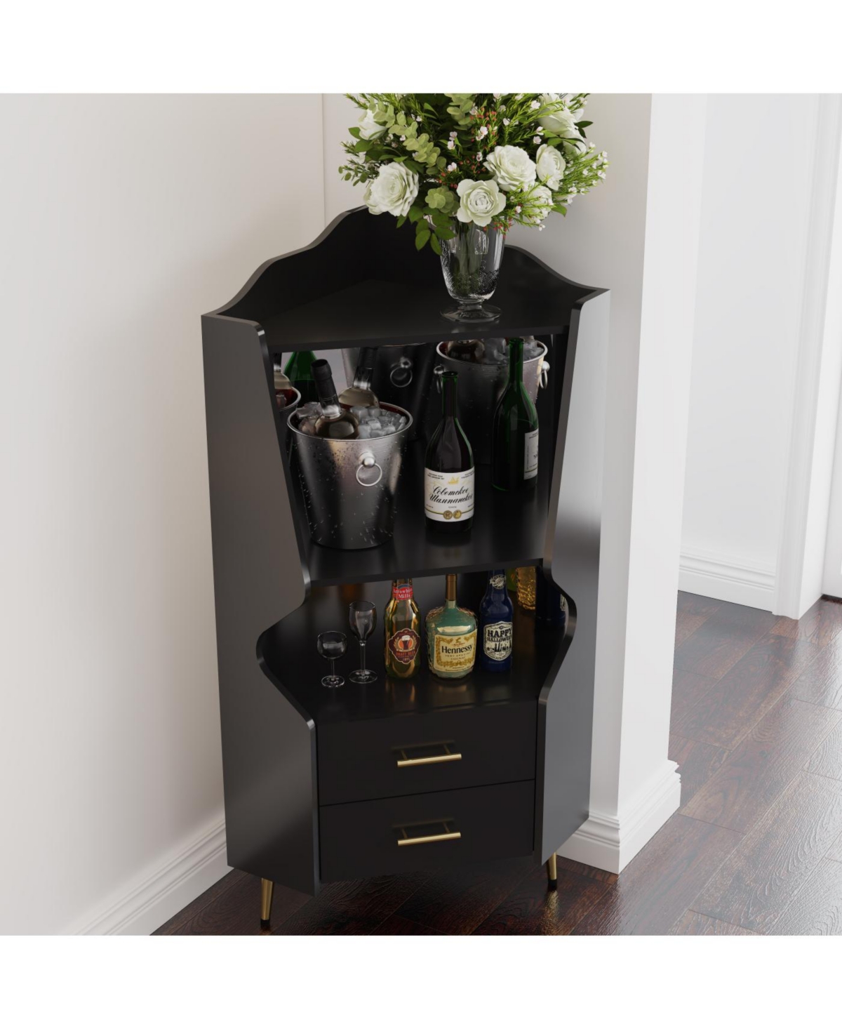 Streamdale Furniture Streamdale Wooden Corner Bar Cabinet with Shelves and Drawers, Mirrored Back - Black