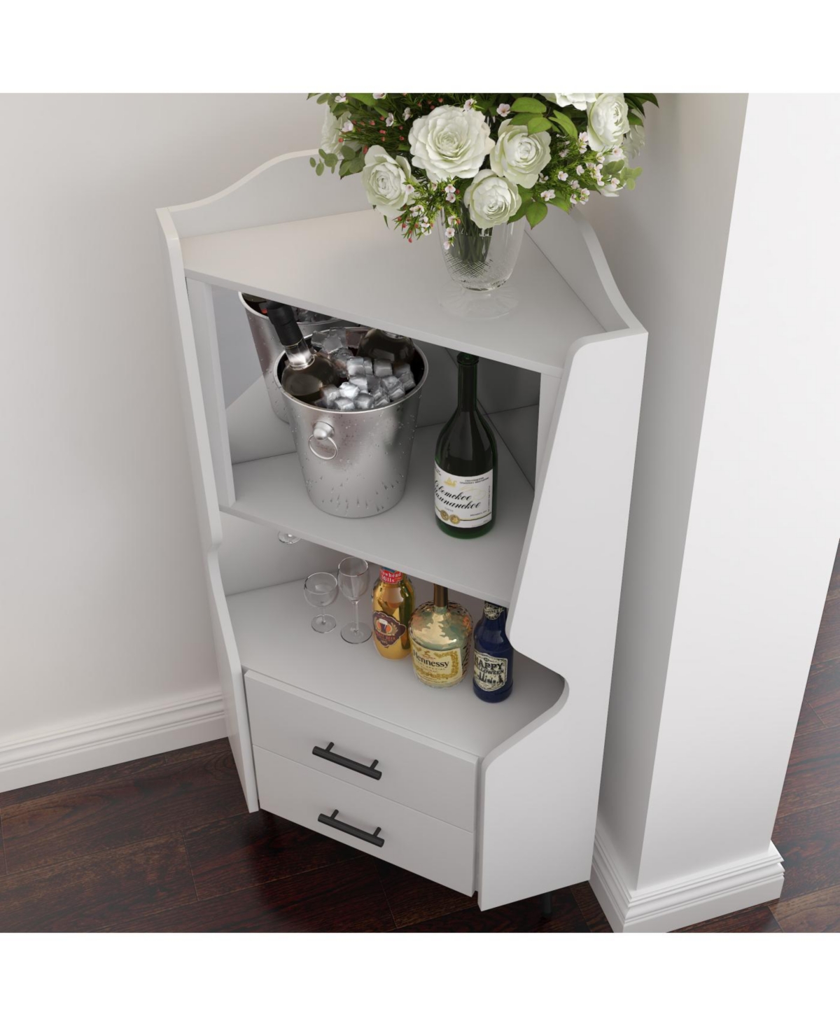 Streamdale Furniture Streamdale Wooden Corner Bar Cabinet with Storage Shelves and Drawers, White