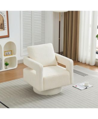  Beige Swivel Accent Chair, Modern Rotating Arm Chair with Open Back