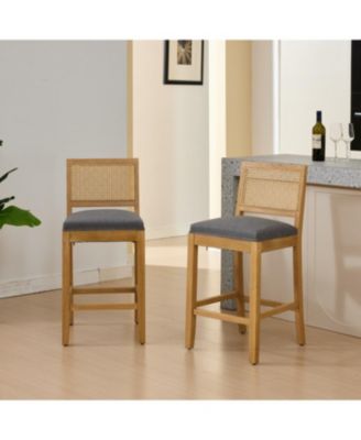 Solid Wood Rattan-Inspired Bar Stool with Linen Cushion