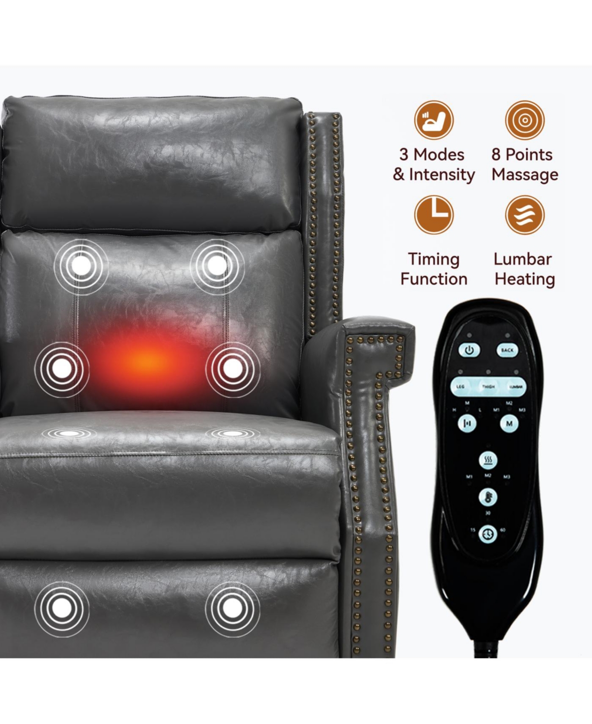 Streamdale Furniture Grey Faux Leather Manual Recliner Chair with 8 Massage Nodes