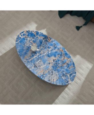 Streamdale The oval natural marble coffee table side table in the living room, blue
