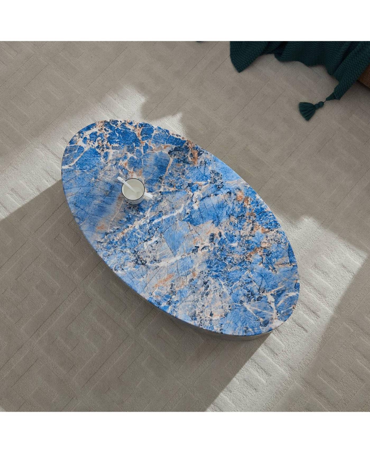 Streamdale Furniture Streamdale The oval natural marble coffee table side table in the living room, blue