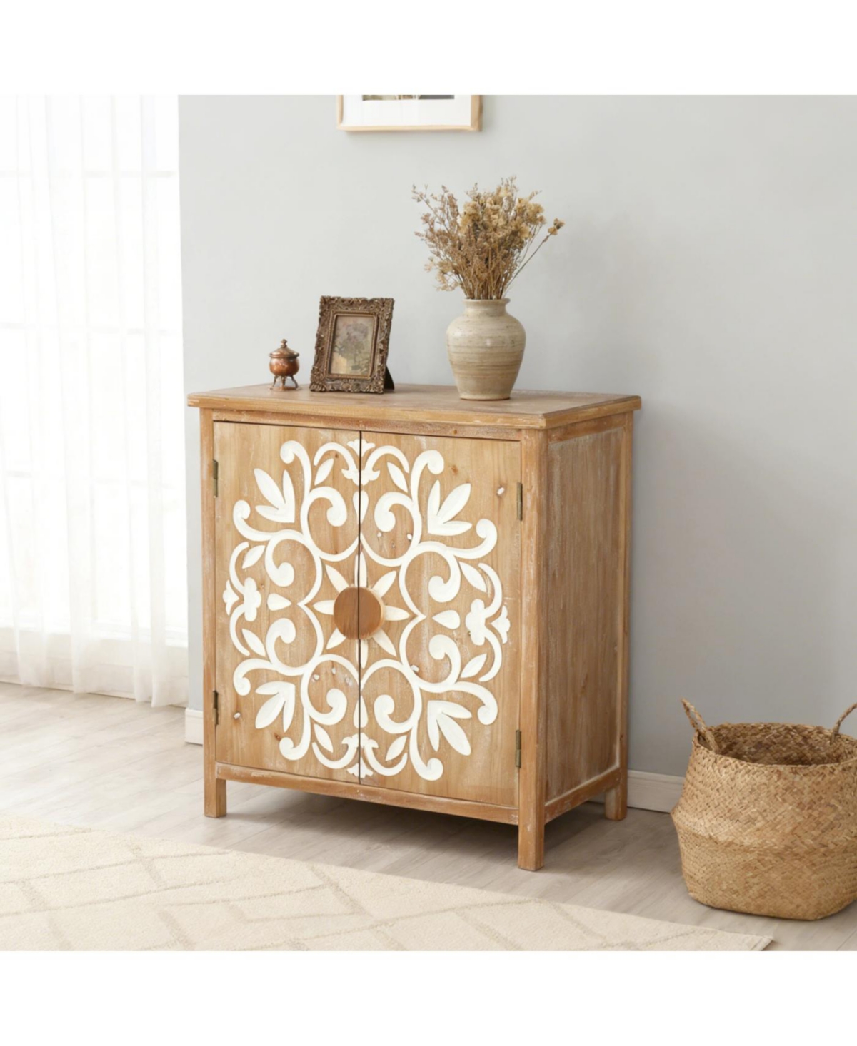 Streamdale Rustic Wooden Accent Cabinet with Floral Carved Doors