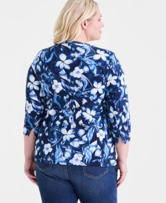 Plus Size Printed Cotton 3/4-Sleeve Top
