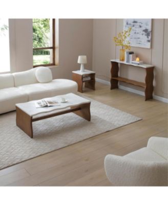 Whisper of Waves Modern Coffee Table, White Faux Marble, Walnut Brown