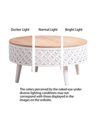 Streamdale Round Coffee Table with Storage Lift-Top Accent Table, White Carved Base