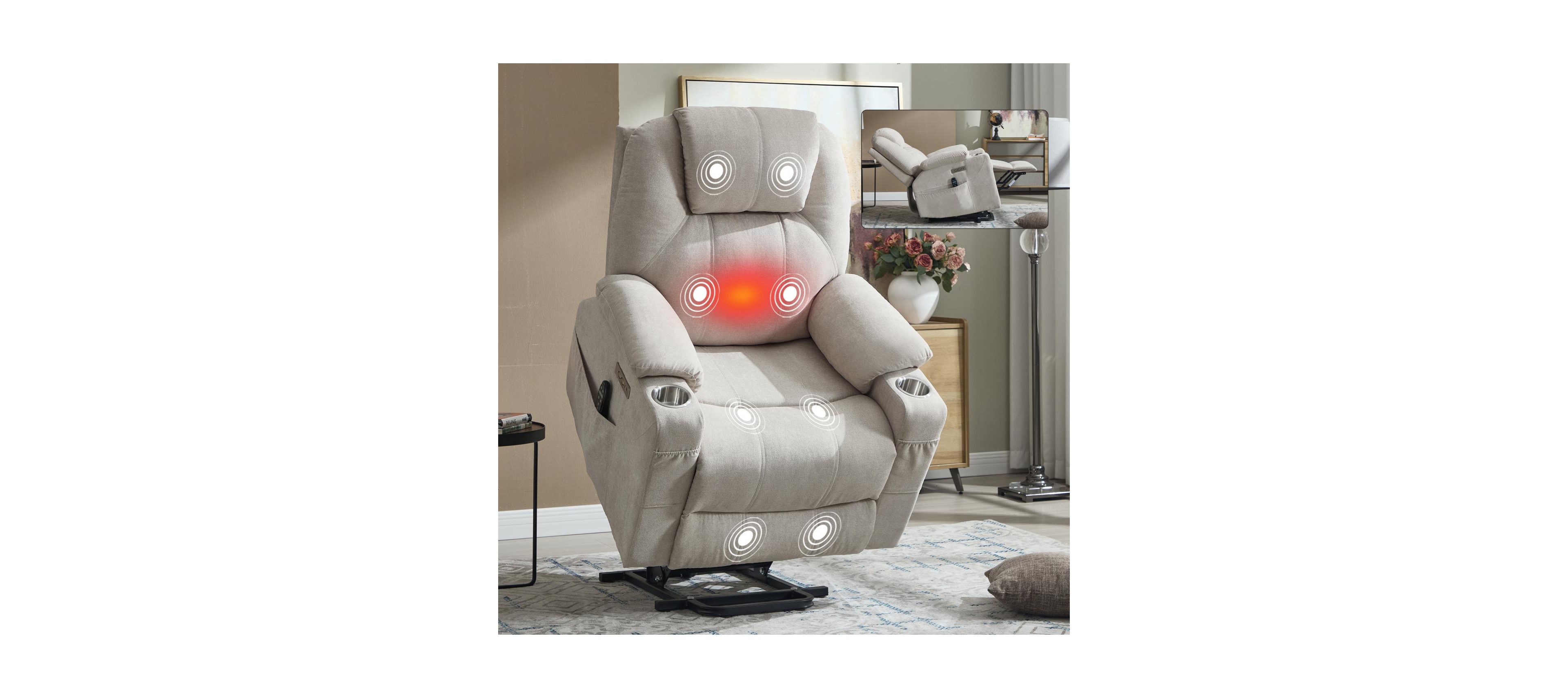 Streamdale Furniture Polyester Power Lift Recliner Chair, 350 Lbs Capacity, 8-Point Massage, Heating, Usb/Type-c, Beige