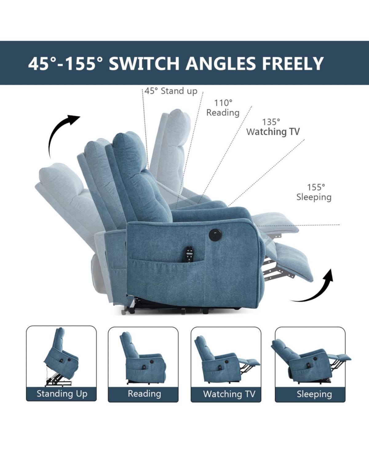 Streamdale Furniture Blue Chenille Power Lift Recliner Chair with Massage, Heat & Usb Charging