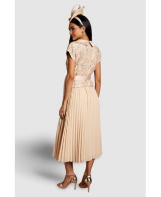 Women's Lace Wrap Top Pleat Tux Midi Dress