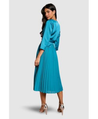 Women's Satin Bodice Pleat Skirt Midi Dress.
