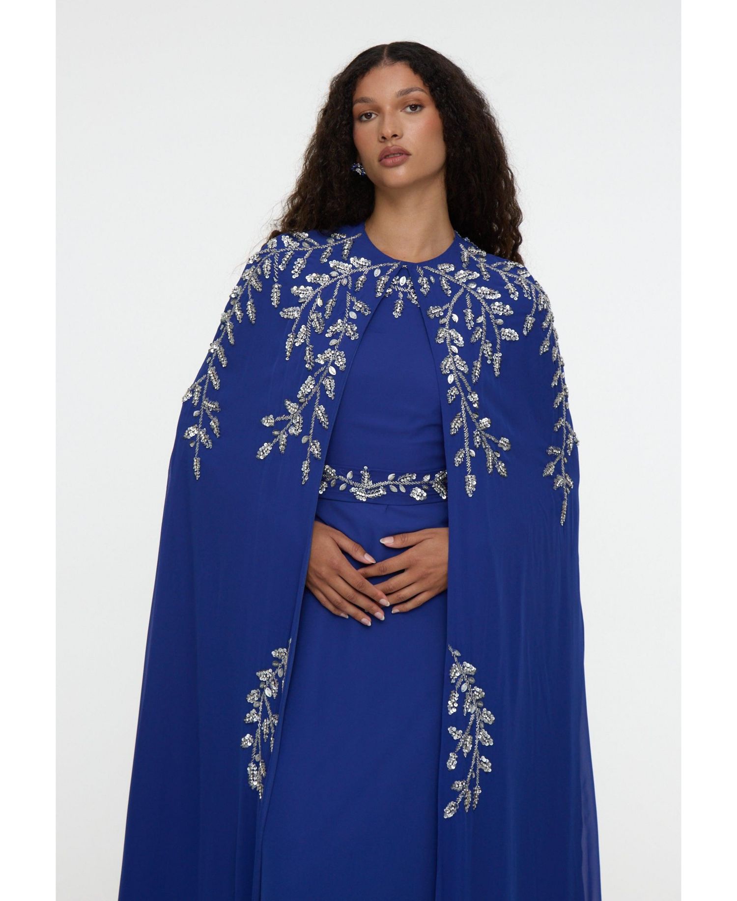 Women's Modest Embellished Sequin Beaded Cape Dress Maxi