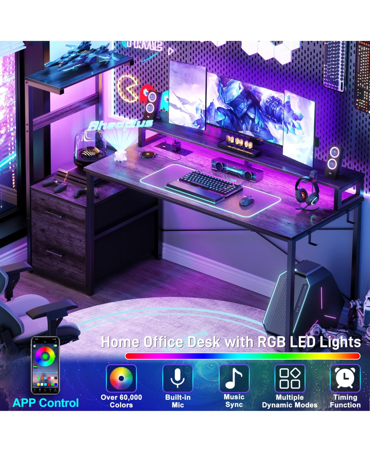 Aheaplus Gaming Desk with Outlets and Led Light, 59'' Reversible Computer File Drawers & Monitor Stand