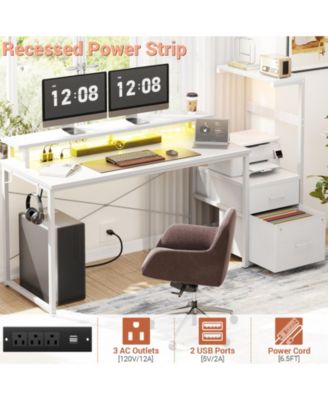 Gaming Desk with Outlets and LED Light, 59'' Reversible Computer Desk with File Drawers & Monitor Stand