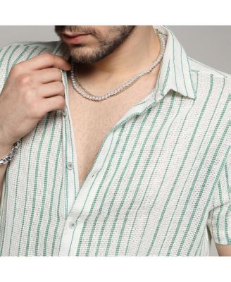 Men's Men's White & Green Unbalanced Striped Woven Shirt