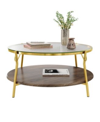 Streamdale Modern Round Walnut Coffee Table with Glass Top & Gold Base