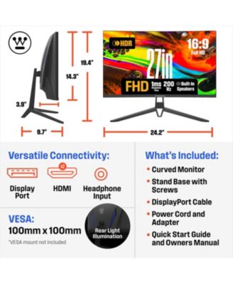 27" Curved Gaming Monitor, 200Hz, Full HD 1080p, AMD FreeSync, 1500R, Low Motion Blur, DP & 2x HDMI, Built-in Speakers