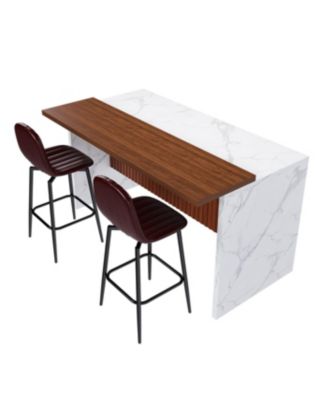 Modern Kitchen Island Set with 2 Bar Stools - White Marble Look, LED Lighting & Grill Design