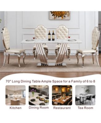 Marble Dining Table for 6, 70" Rectangle Faux Marble Kitchen Table with Stainless Steel Base