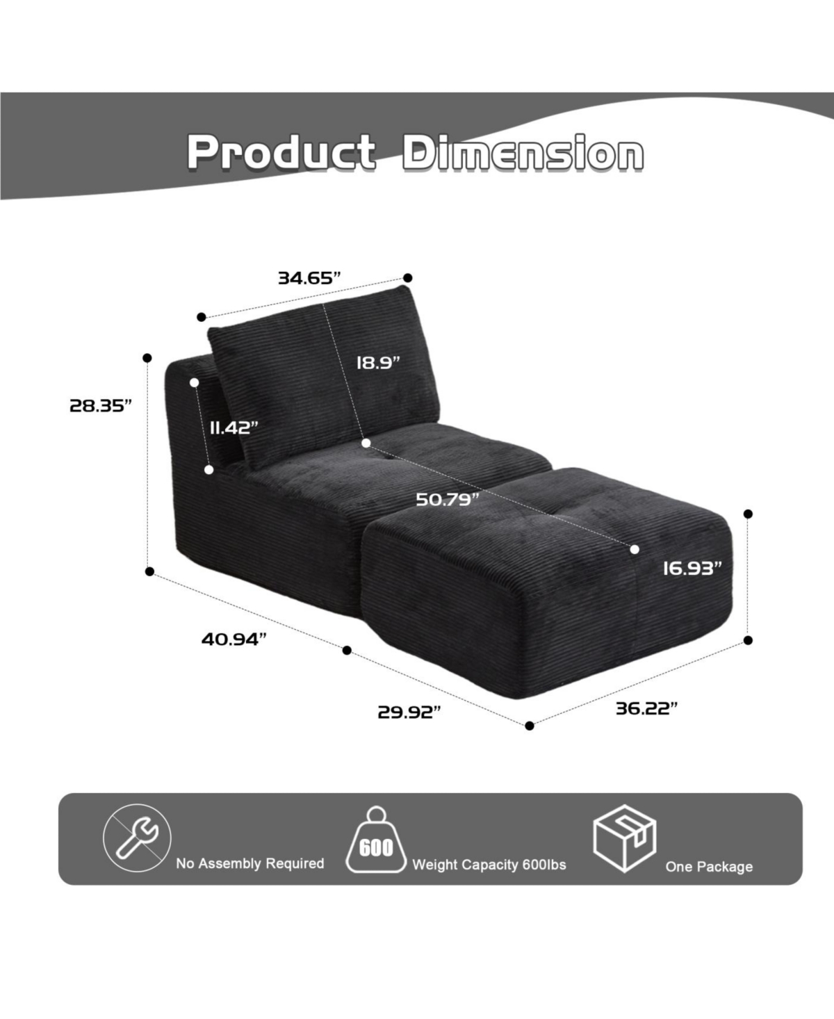 Streamdale Furniture Streamdale Modern Memory Foam Single Chaise Longue Sofa, Pet-Friendly Corduroy, Black