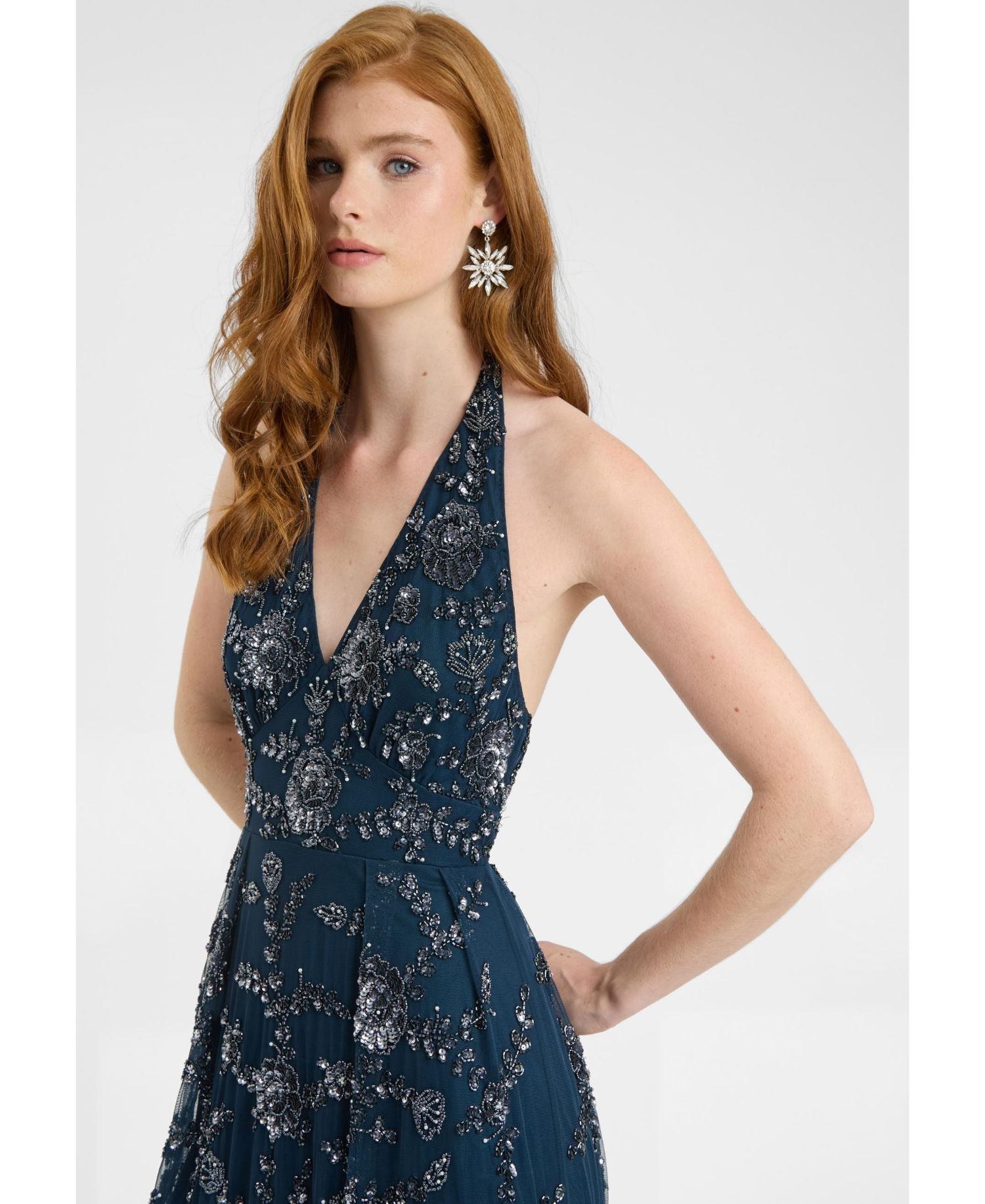 Women's Embellished Sequin Beaded Maxi Dress With Halter Neck With Deep V-Cut