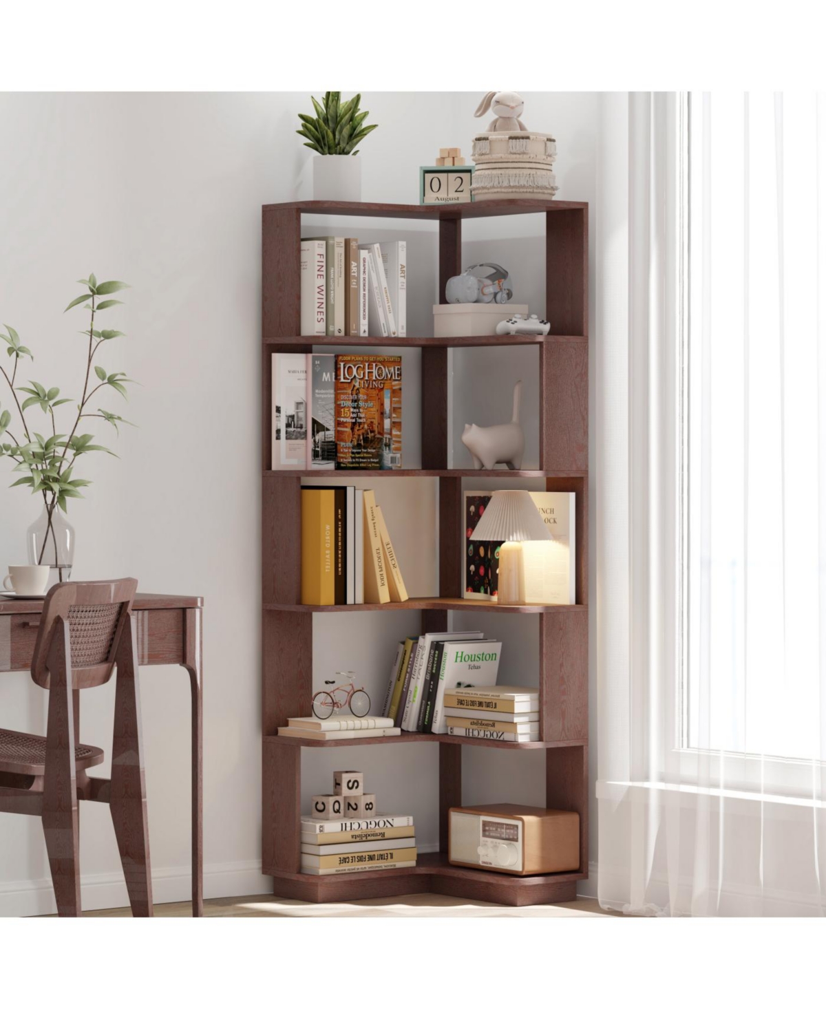 Streamdale Furniture 6 Tier L-Shaped Corner Bookshelf - Wooden Bookcase with Anti-Tip Device