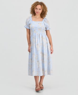 Juniors' Textured Floral Printed Puff-Sleeve Midi Dress