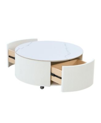 Streamdale Modern Round Coffee Table with Casters & 2 Drawers, White Marble Top