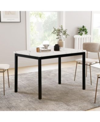  5-Piece Metal Dinette Set with Laminated Off-white Faux Marble Top, 4 Red Chairs