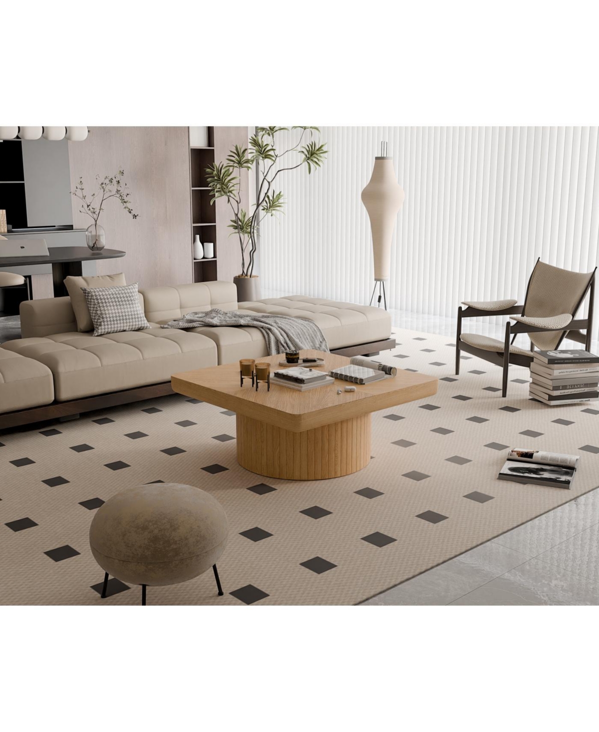 Streamdale Furniture Streamdale 34.6" Square Coffee Table, Modern Wood Veneer Top with Parquet Pattern & Cylindrical Base