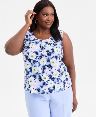 Plus Size Pleat-Neck Sleeveless Floral Top