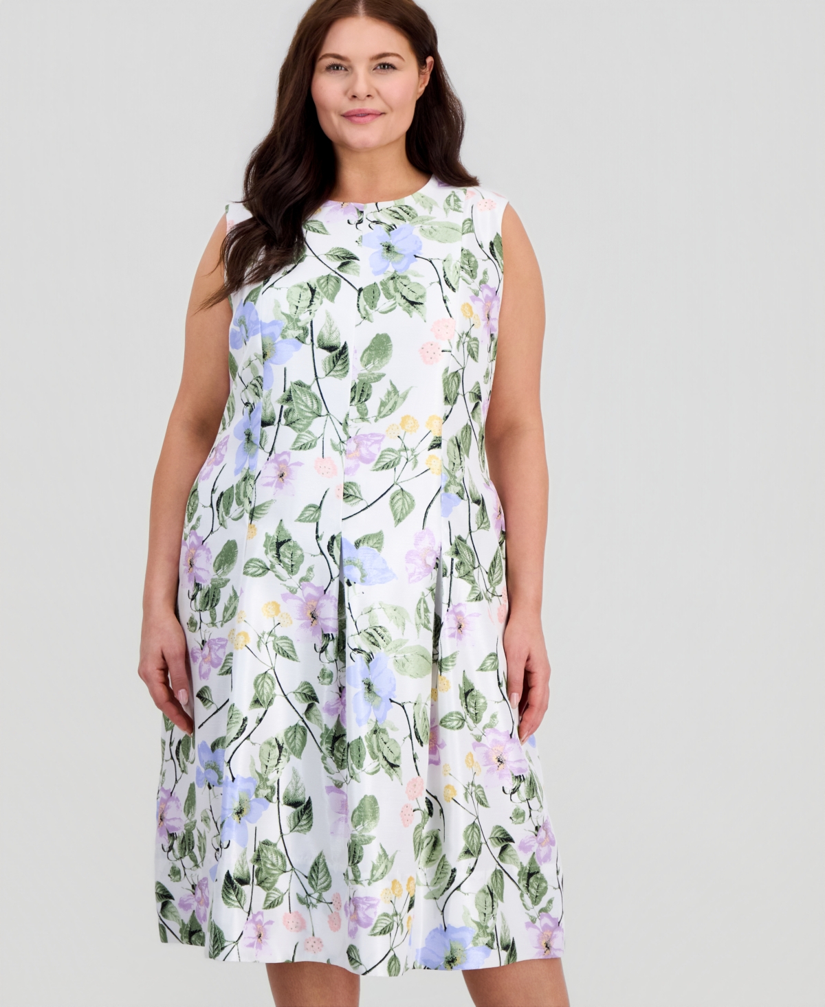 Kasper Plus Floral-Print Box-Pleat Midi Dress