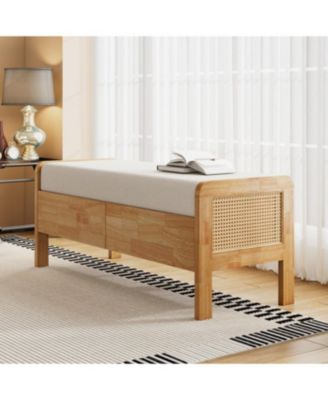 Upholstered Storage Ottoman Bench, Wooden Legs, Oak+Beige