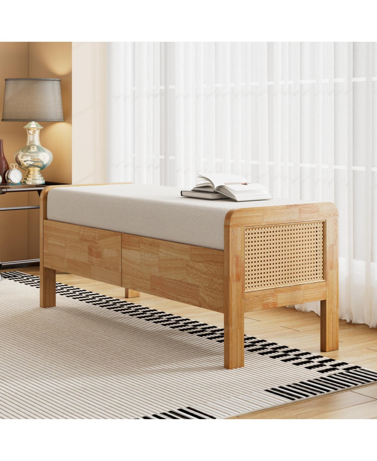 Streamdale Furniture Upholstered Storage Ottoman Bench, Wooden Legs, Oak+Beige