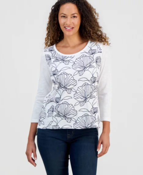 Petite Embroidered-Front Top, Macy's Exclusive - Bright White