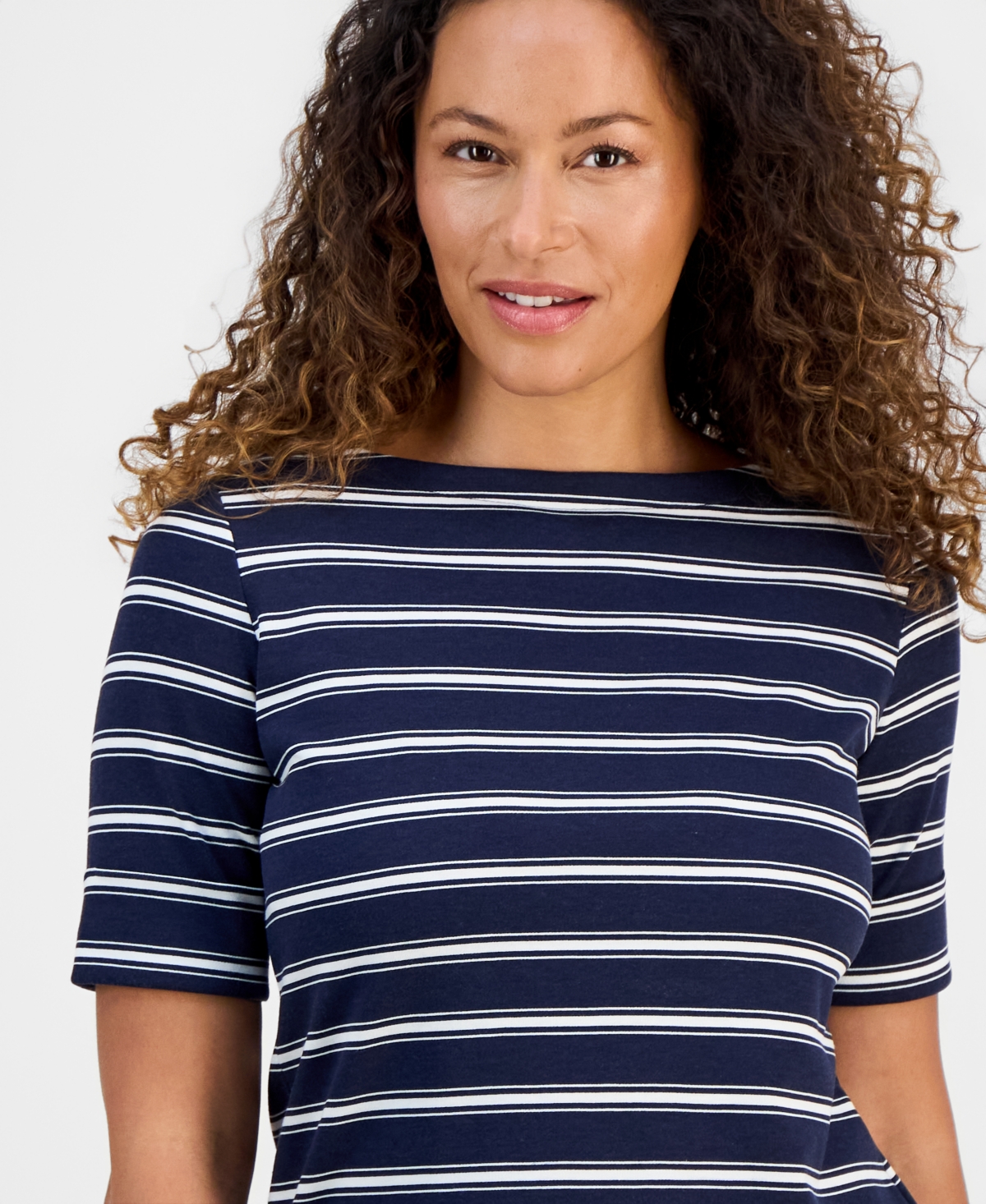 Style & Co Petite Striped Boat-Neck Elbow-Sleeve Top, Macy's Exclusive