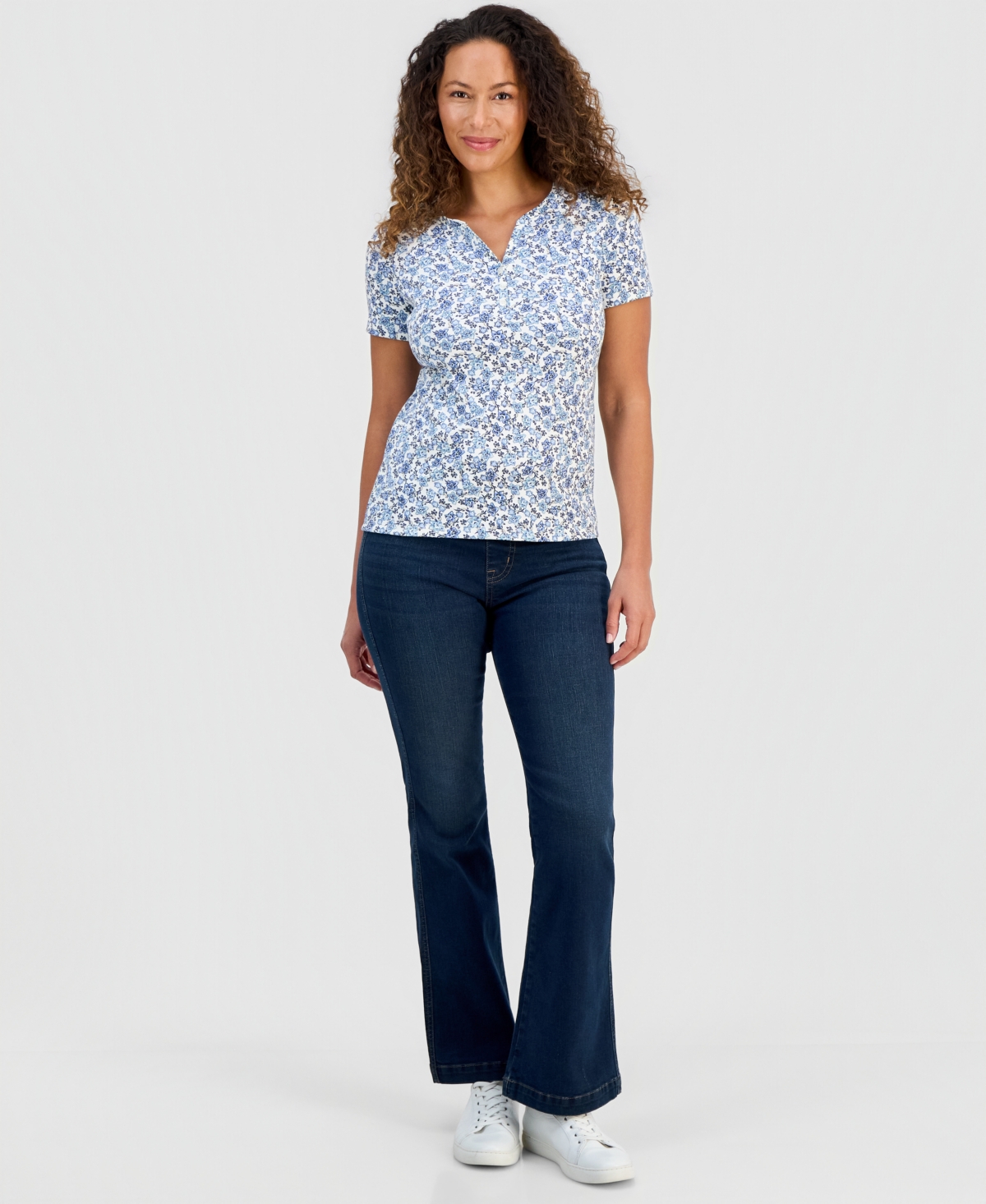Style & Co Petite Ditsy-Print Henley Top, Macy's Exclusive