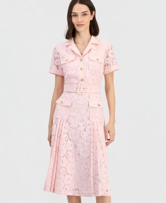 Women's Belted Short-Sleeve Lace Midi Shirt Dress 