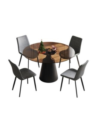 35" Round Dining Table & 4 Chairs Set - Mid-Century Modern Glass Top