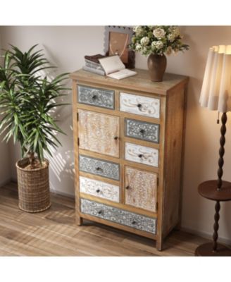 Vintage Tall Wooden Accent Cabinet with 6 Drawers & 2 Doors