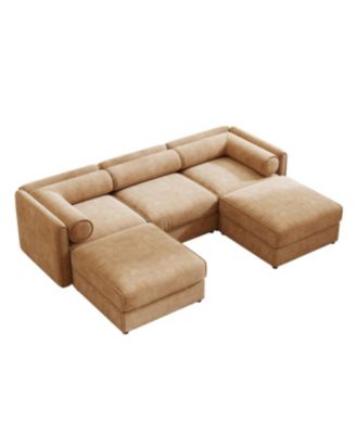 Elegant Camel Chenille U-Shaped Sofa with Storage and Ottoman